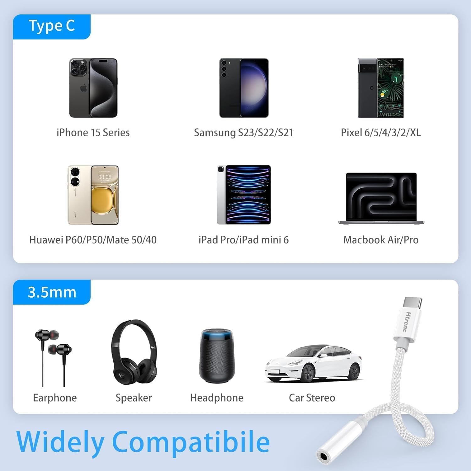 Htrenc USB C to 3.5mm adapter supports iPhone, Samsung, Pixel and more for flexible listening.