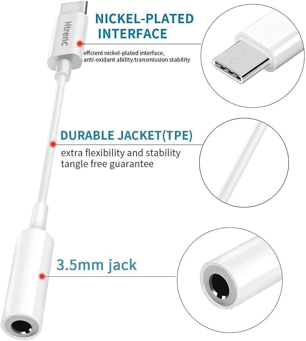 Htrenc USB C to 3.5mm adapter side view highlighting versatile connections for headsets and speakers.