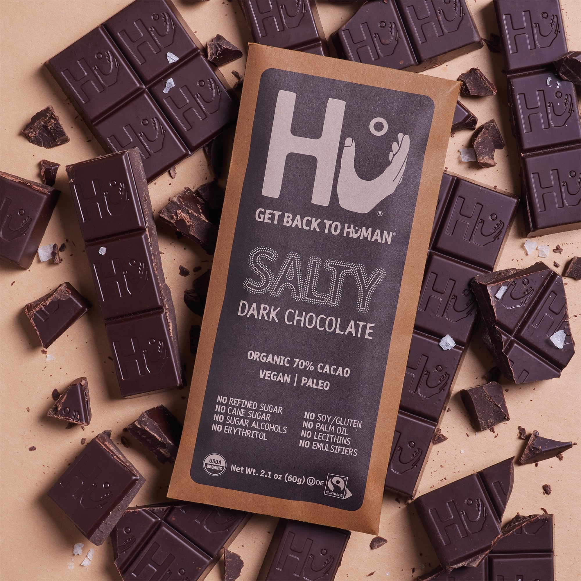 Hu salt crystal detail on chocolate surface