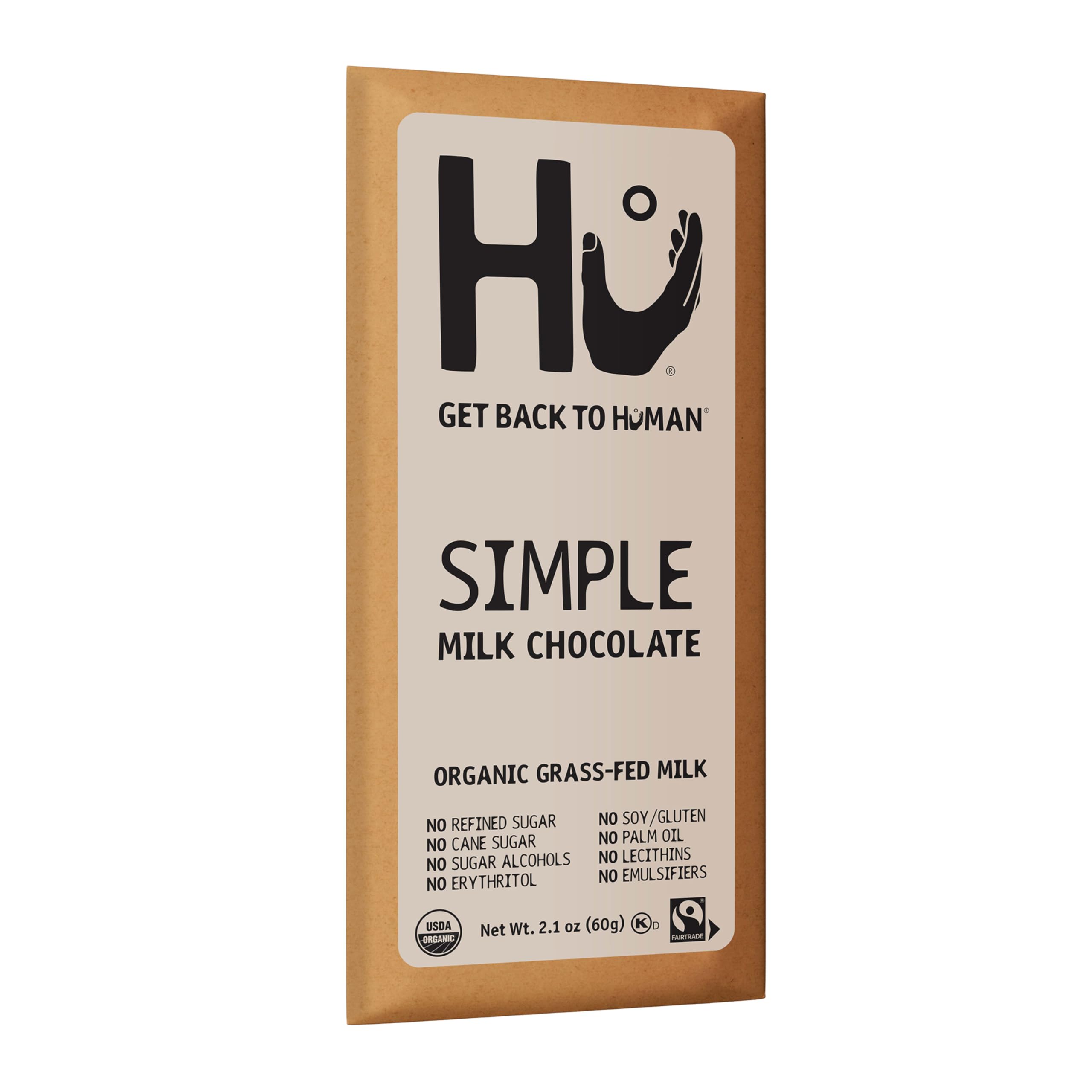 Hu Simple Milk Chocolate Bar no refined sugar emphasizes pure chocolate flavor