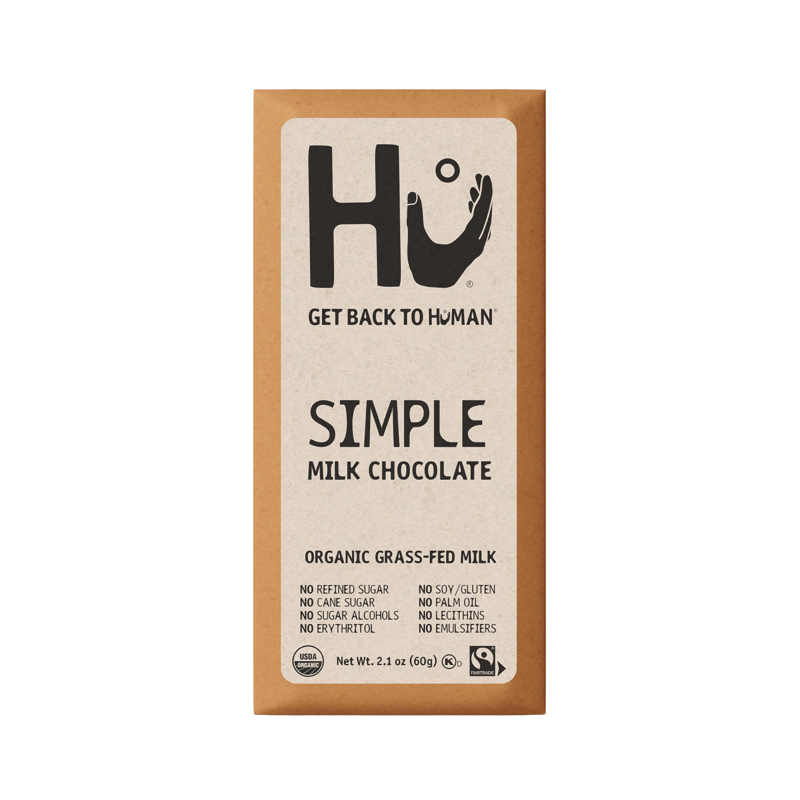 Hu Simple Milk Chocolate Bar wrap showing convenient on-the-go packaging