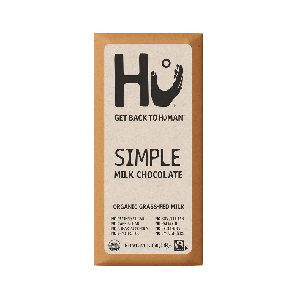 Hu Simple Milk Chocolate Bar wrap showing convenient on-the-go packaging