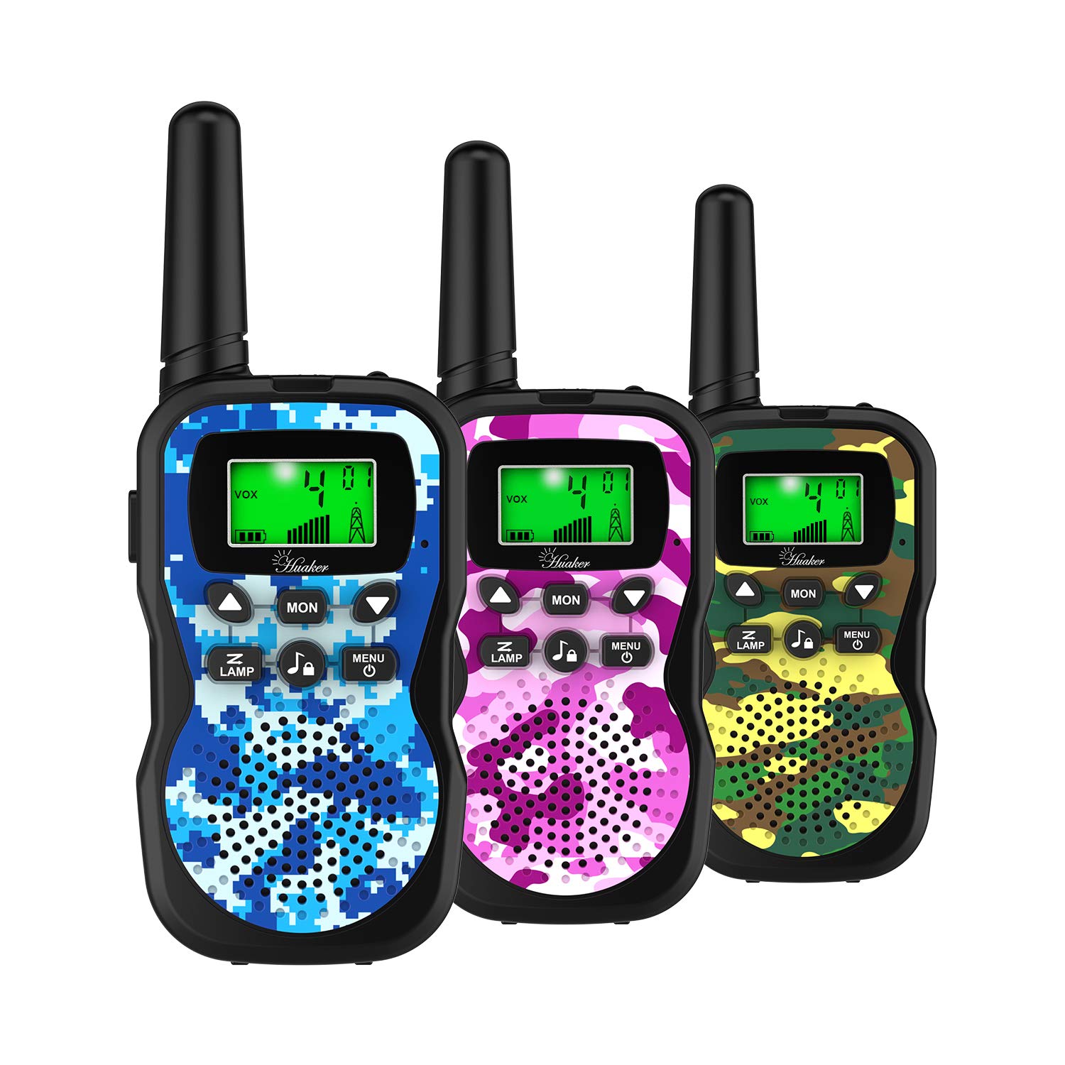 Huaker kids walkie talkies front view, easy push-to-talk for active play.