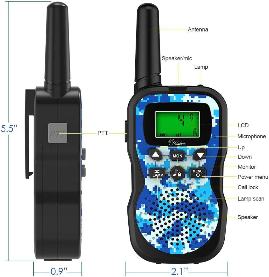 Huaker kids walkie talkies side view shows compact design ideal for small hands.