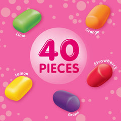 Close-up of colorful SKITTLES-inspired gum pieces in a sugar-free format.