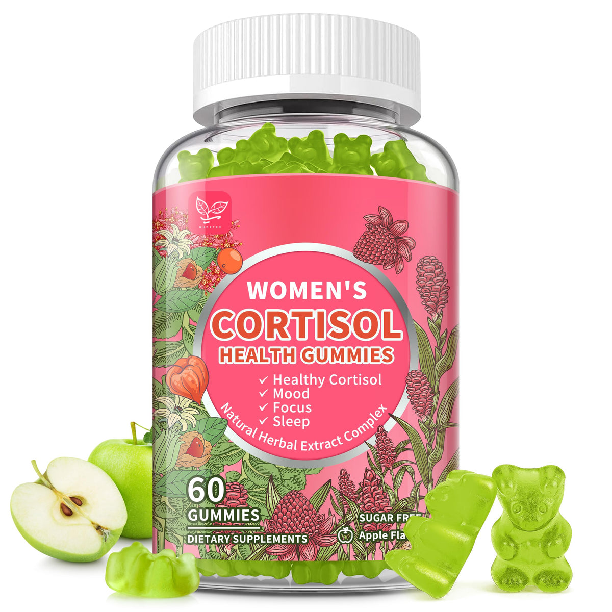 Hudetex Cortisol Gummies bottle close-up with apple flavor for daily balance