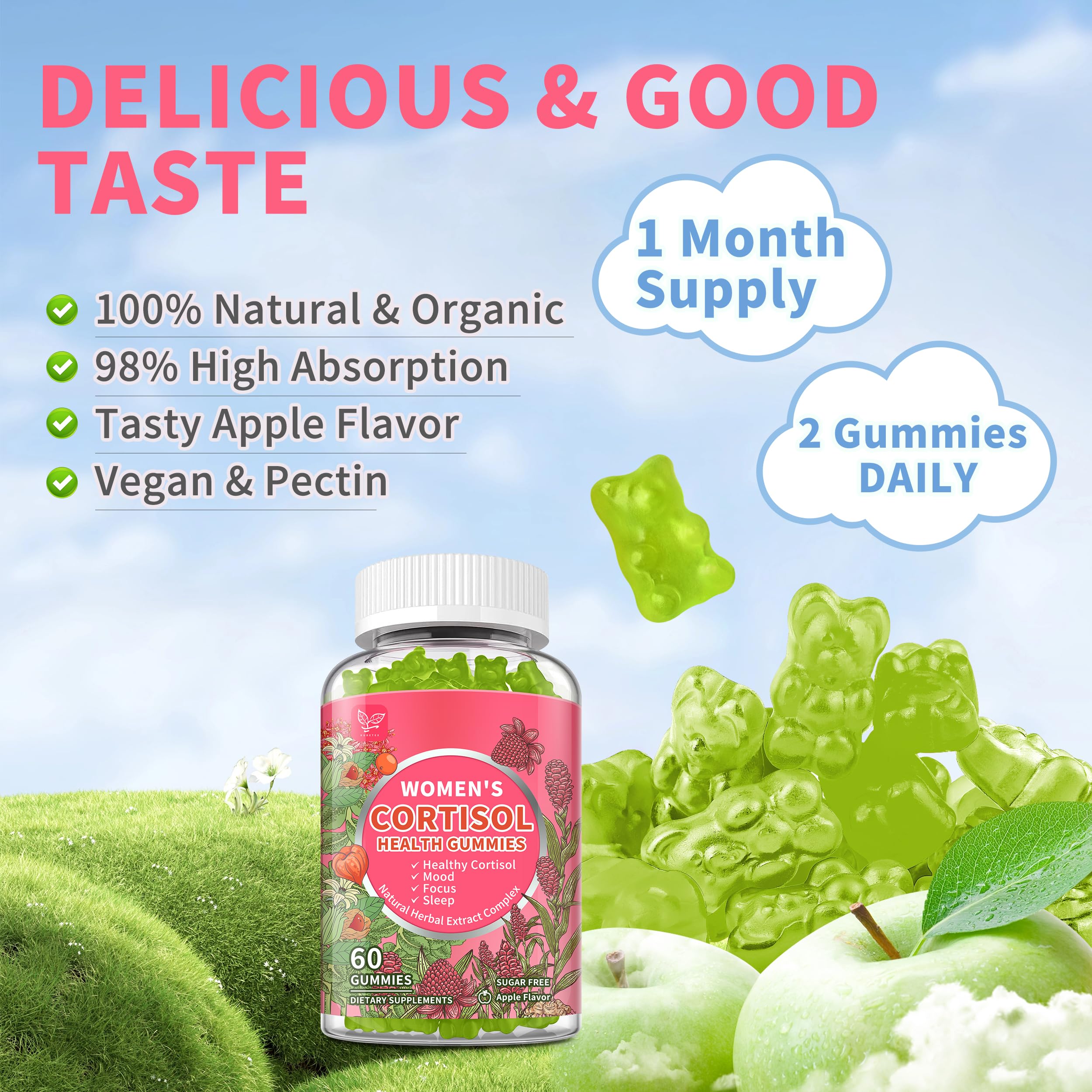 Hudetex Cortisol Gummies label detail showing natural ingredients and trust cues