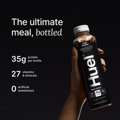 Huel Black Edition bottle nutrition panel highlights protein and vitamins.