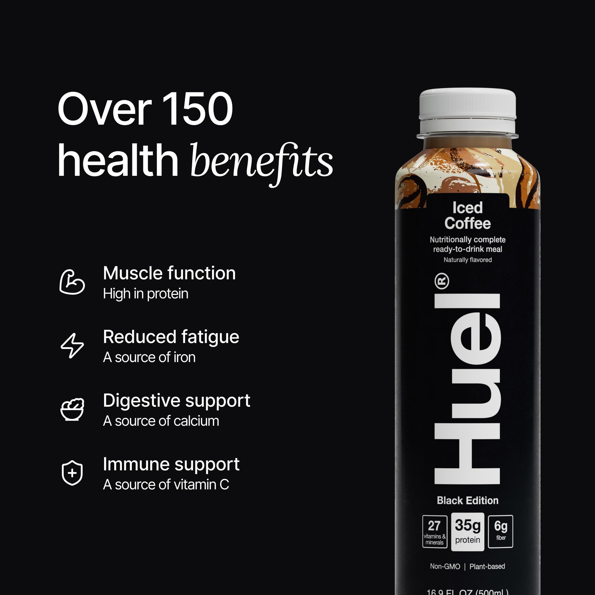 Huel Black Edition chocolate bottle with rich flavor and gluten-free protein.