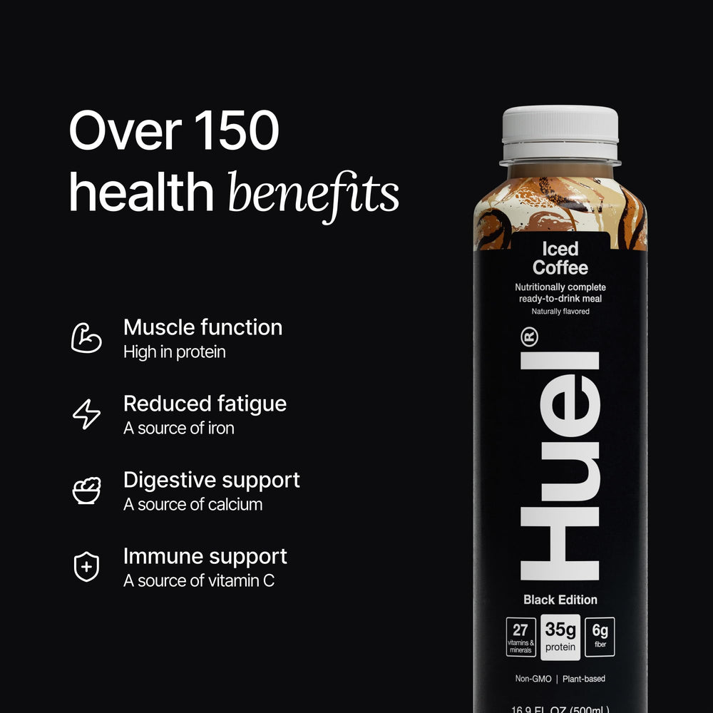 Huel Black Edition chocolate bottle with rich flavor and gluten-free protein.