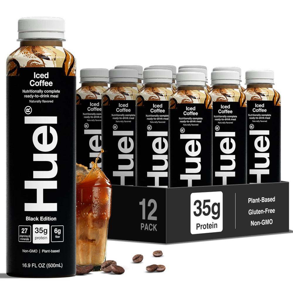 Huel Black Edition iced coffee bottle ready to energize busy mornings.