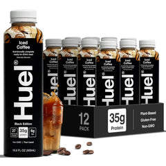 Huel Black Edition iced coffee bottle ready to energize busy mornings.