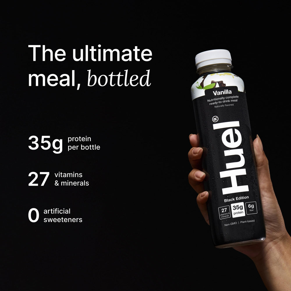 Huel Black Edition Vanilla bottle nutrition label highlights 27 vitamins and minerals