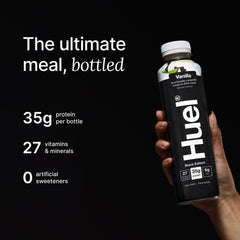 Huel Black Edition Vanilla bottle nutrition label highlights 27 vitamins and minerals
