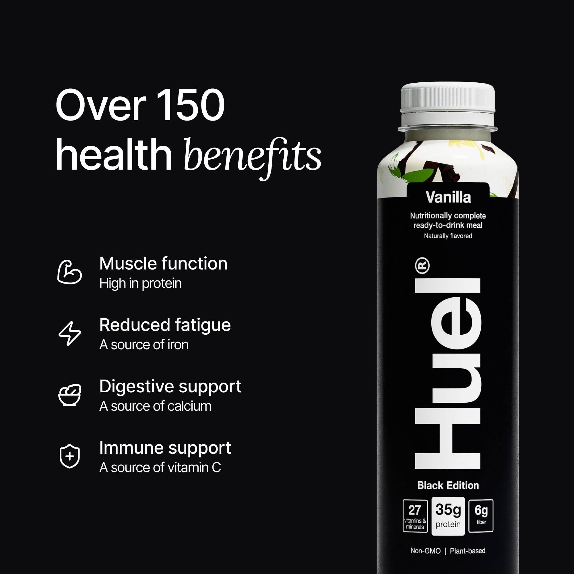Huel Black Edition Vanilla bottle side view emphasizes compact, travel-friendly packaging