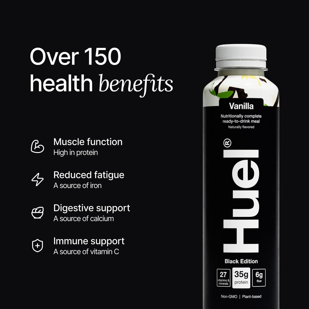 Huel Black Edition Vanilla bottle side view emphasizes compact, travel-friendly packaging