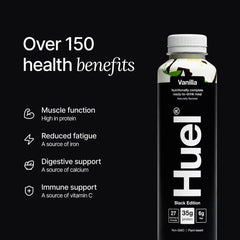 Huel Black Edition Vanilla bottle side view emphasizes compact, travel-friendly packaging