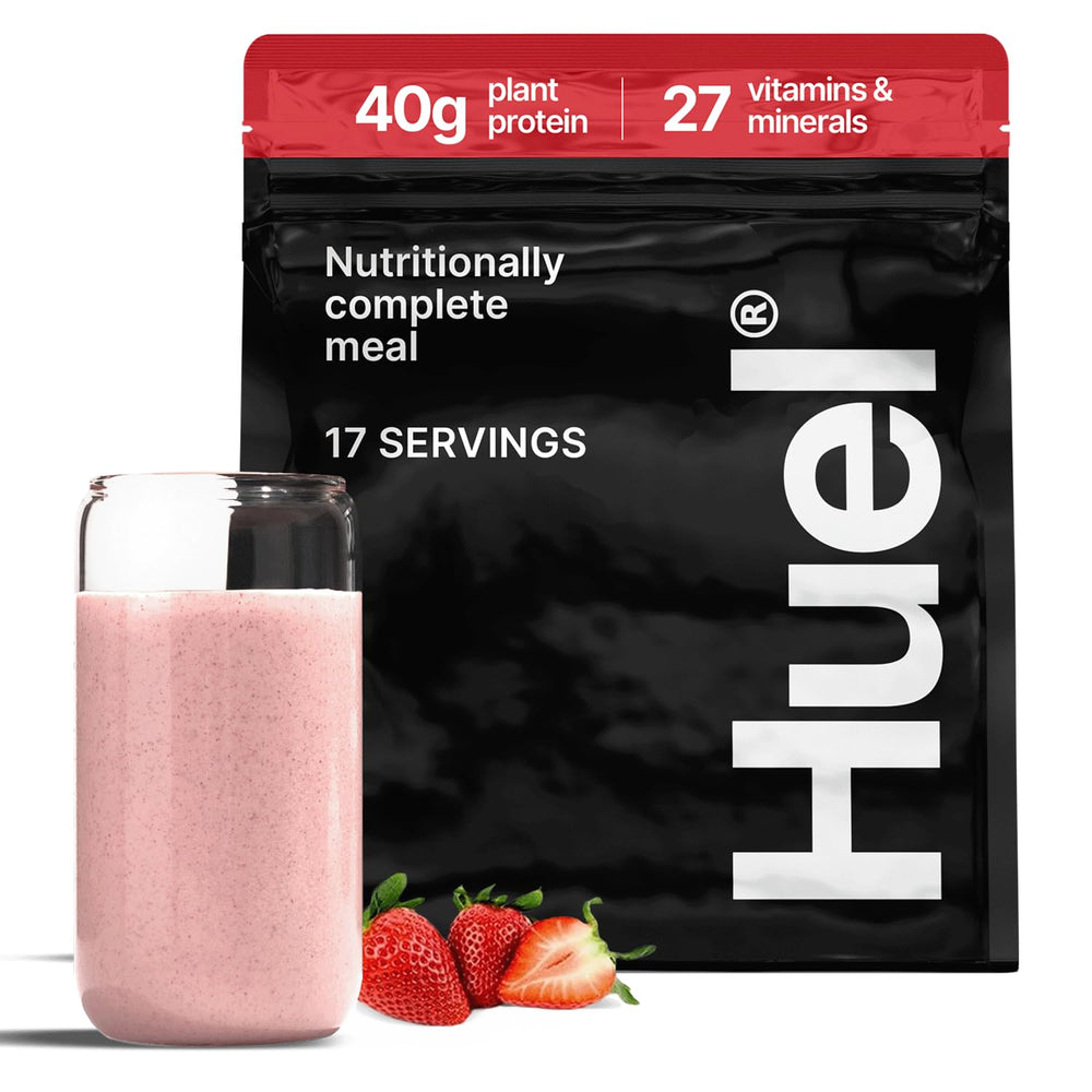 Huel Black Edition Strawberry 40g powder in a shaker for a protein-packed meal replacement