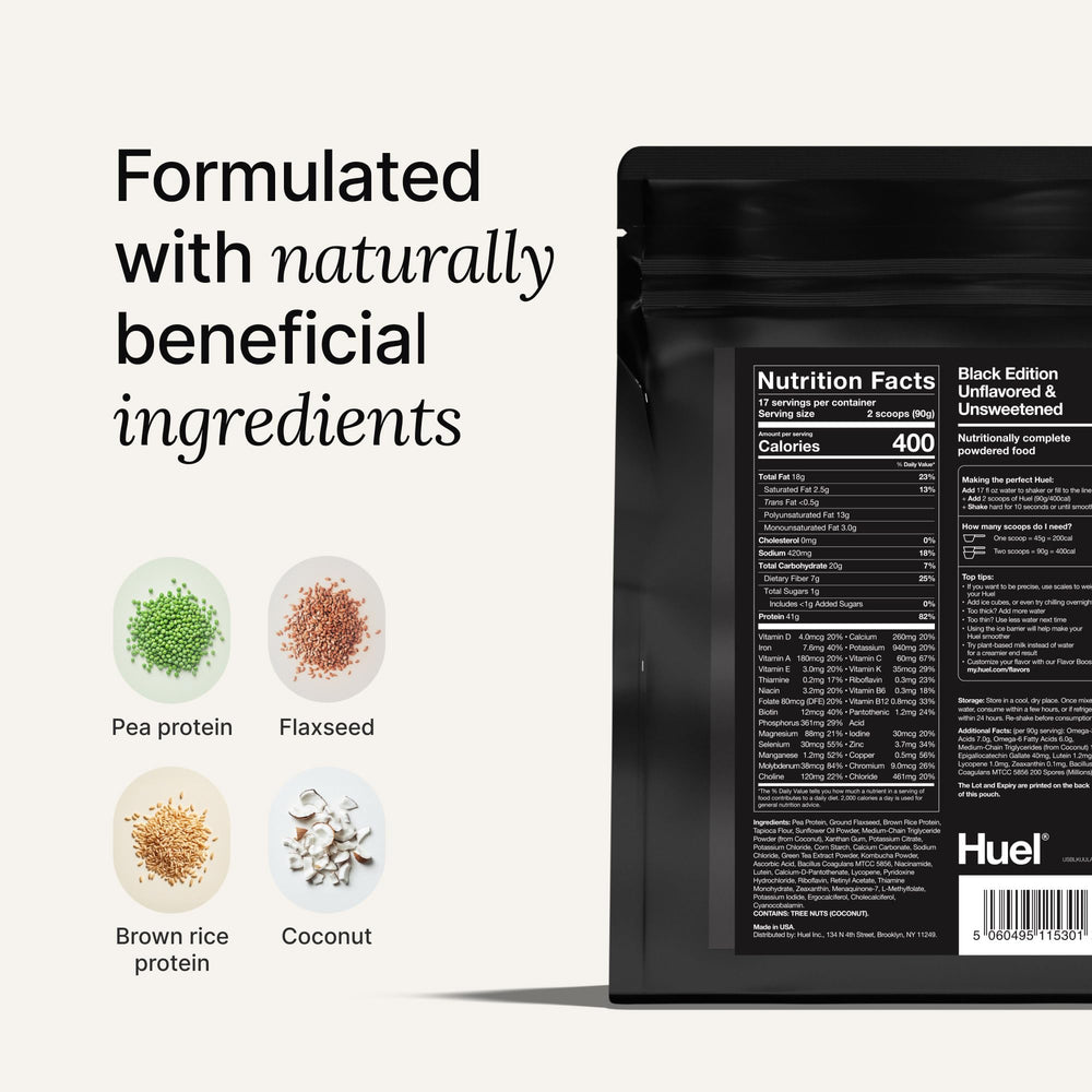 Huel Black Edition Vanilla shake in a glass with a creamy texture for quick fuel