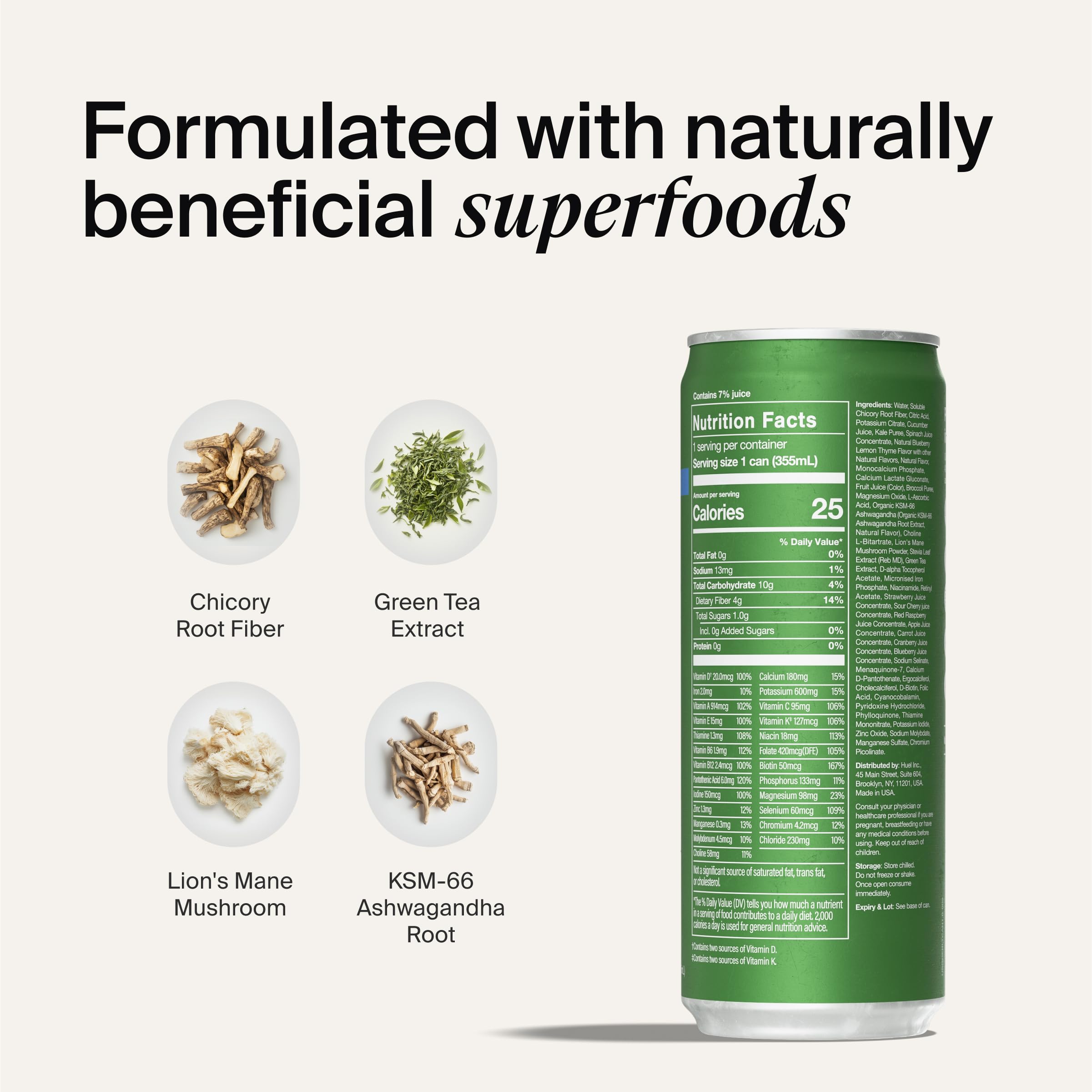 Huel Daily Greens packaging highlights organic supergreens blend and plant-based ingredients