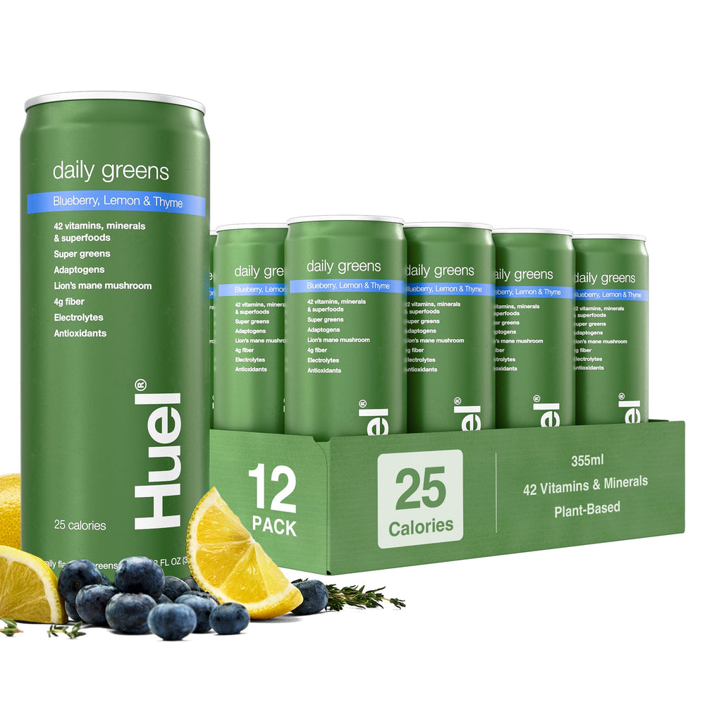 Huel Daily Greens bottle ready-to-drink blueberry lemon thyme for a refreshing morning start