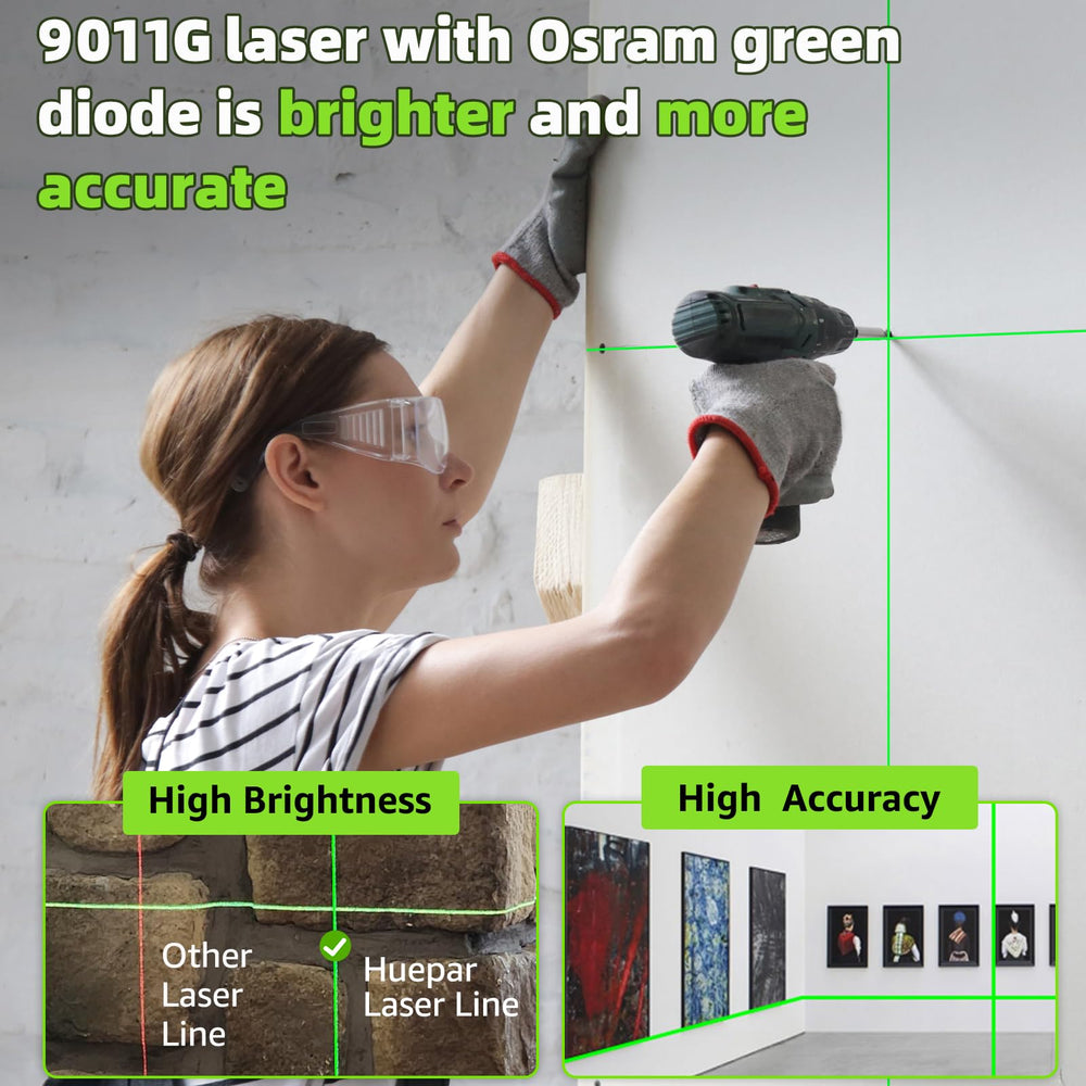 Huepar M-9011G brightness comparison highlights clearer lines for easy hanging