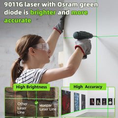 Huepar M-9011G brightness comparison highlights clearer lines for easy hanging