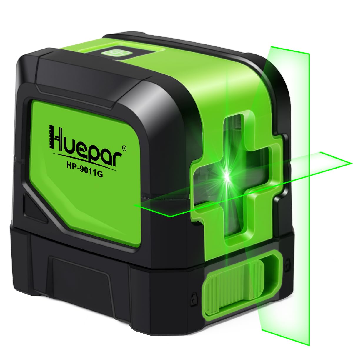 Huepar M-9011G front view shows bright green cross line for precise indoor alignment