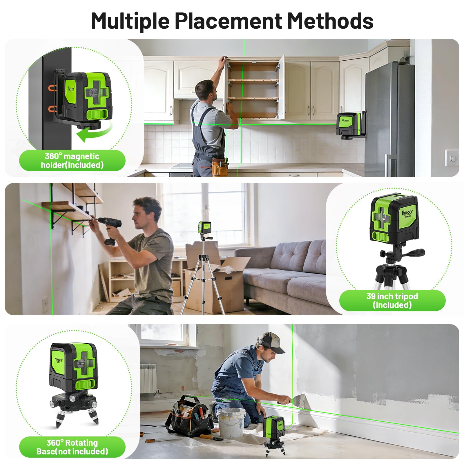 Huepar kit includes batteries, bracket, and strips for ready setup
