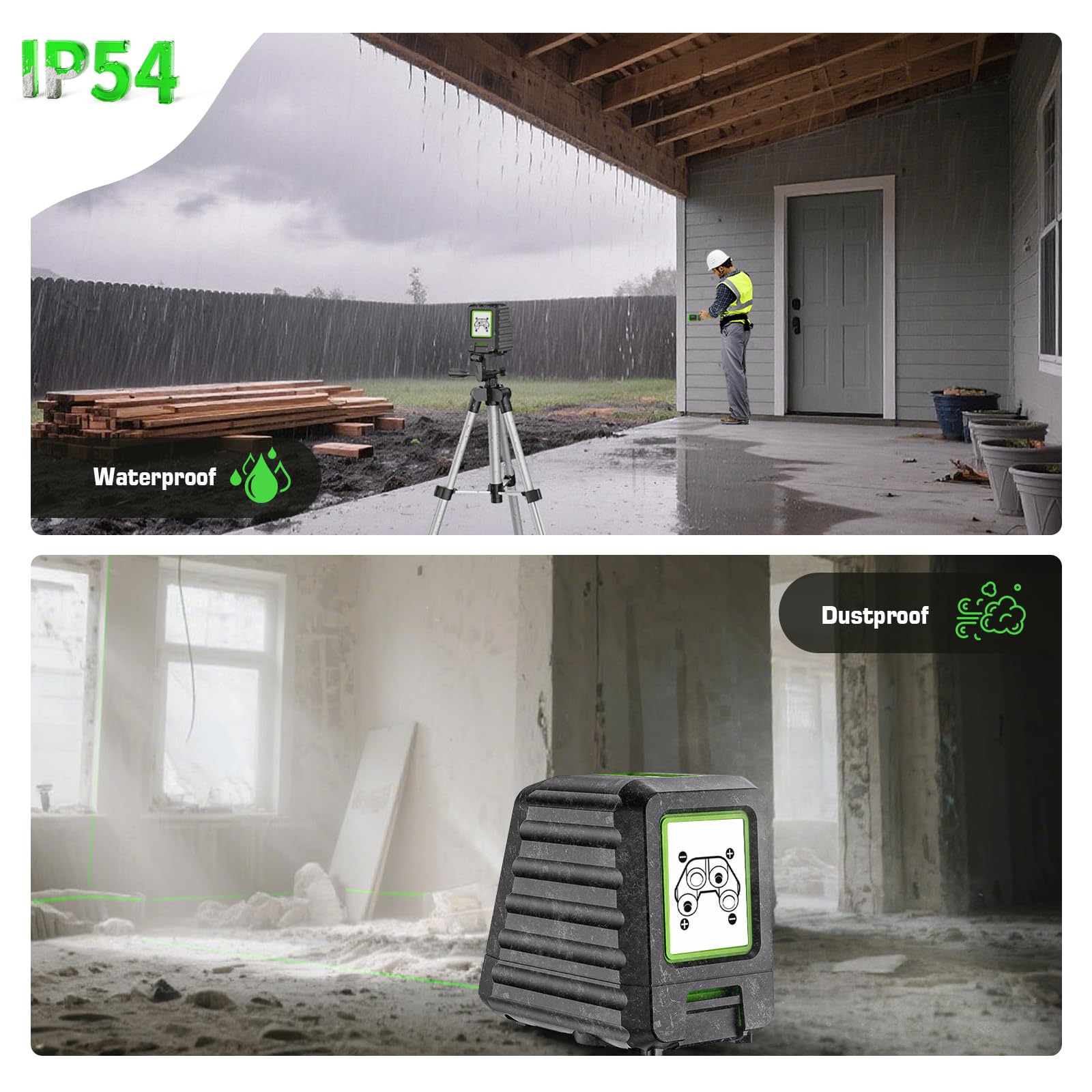 Huepar laser level IP54 rugged design on dusty job site