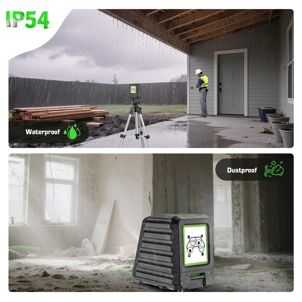 Huepar laser level IP54 rugged design on dusty job site