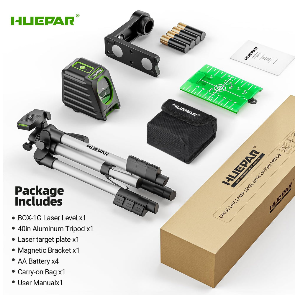 Huepar laser level kit contents: carry bag, batteries, manual