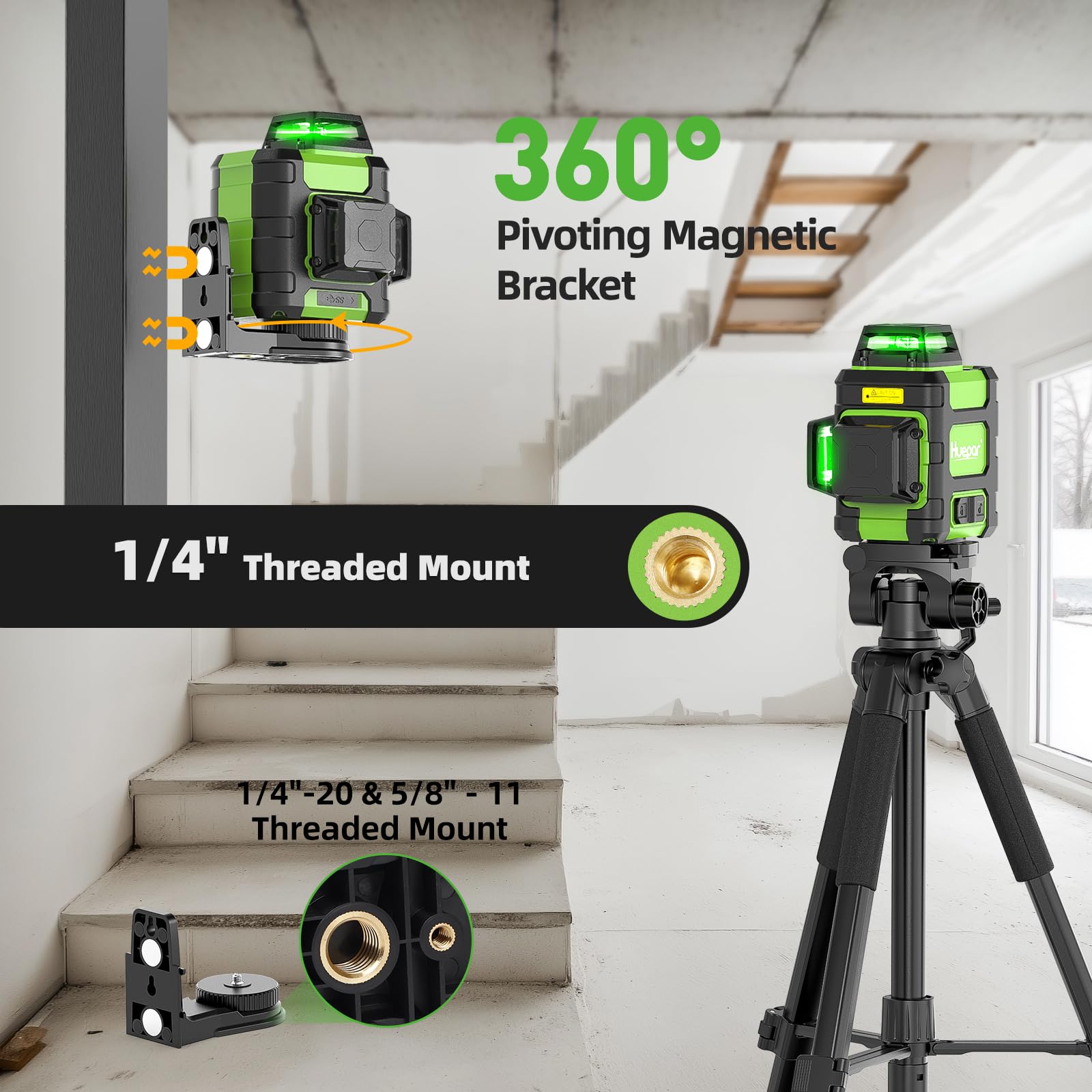 Huepar laser level 1/4-20 tripod thread enables versatile mounting.