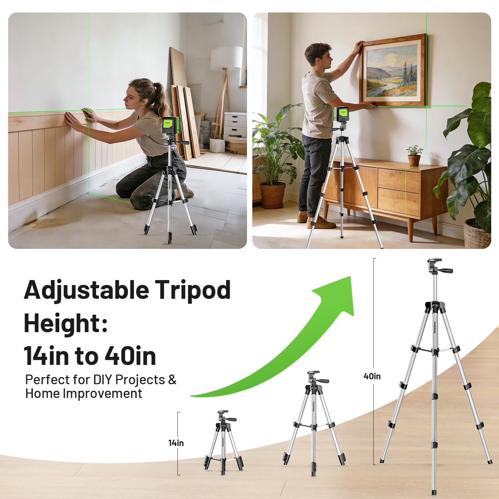 Huepar self-leveling with wide 110-degree coverage guides large surface layouts