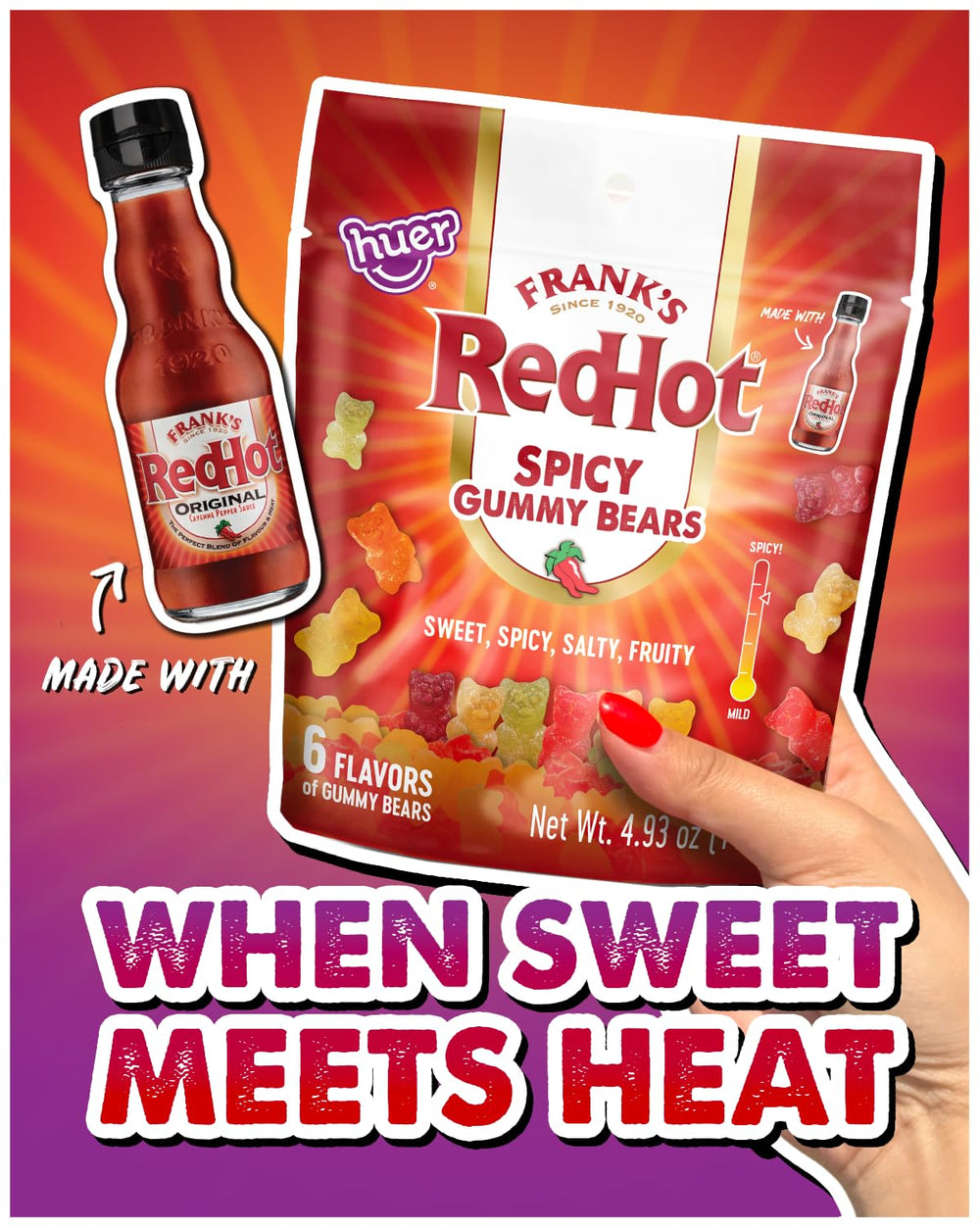 HUER Frank’s RedHot gummy bears arranged for a quick spicy snack setup.