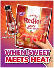 HUER Frank’s RedHot gummy bears arranged for a quick spicy snack setup.