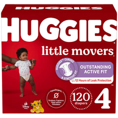 Huggies Little Movers size 4 diapers in packaging varies for flexible shopping options.