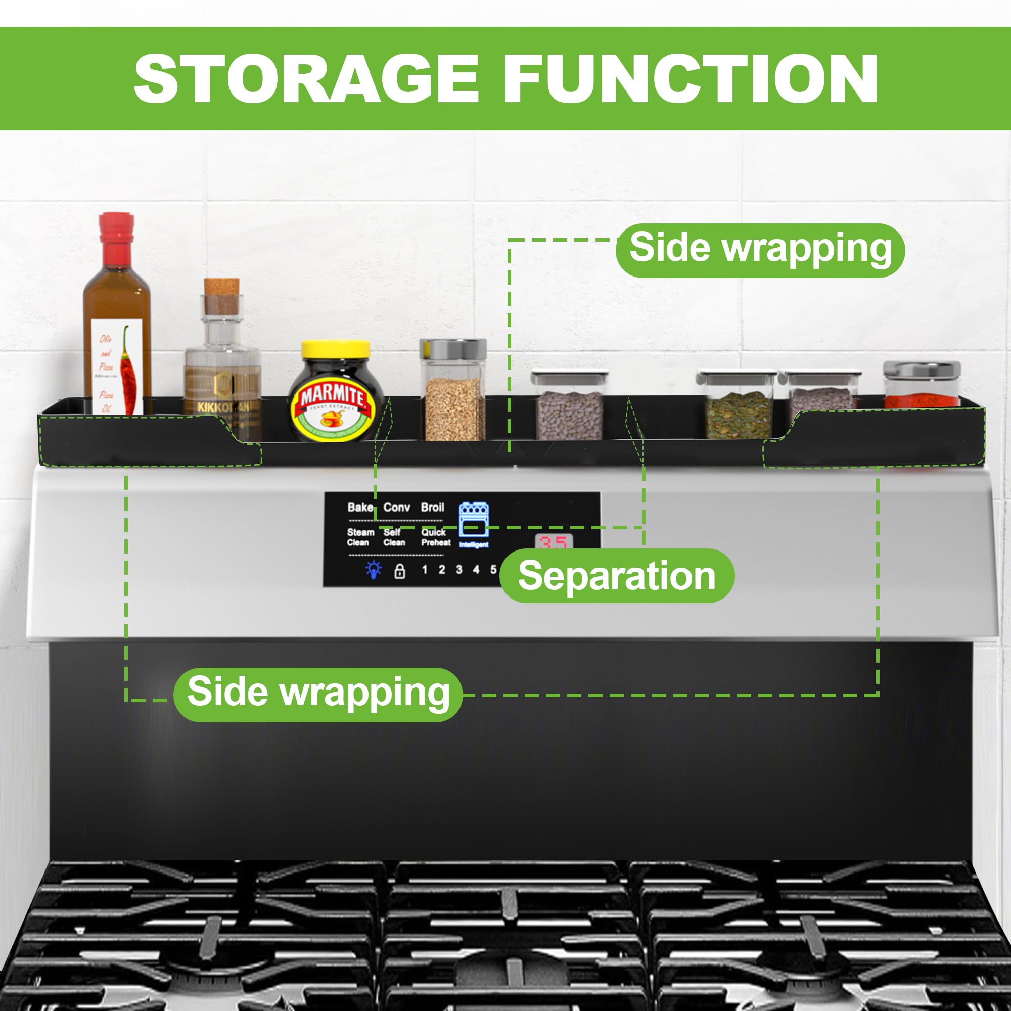 Hugro Tarfive 3-zone partition keeps oils, bottles, and utensils neatly separated.