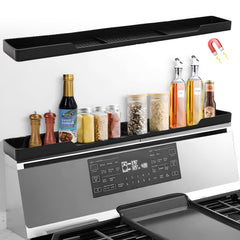 Hugro Tarfive 30-Inch magnetic shelf organizes spices on a flat stove.