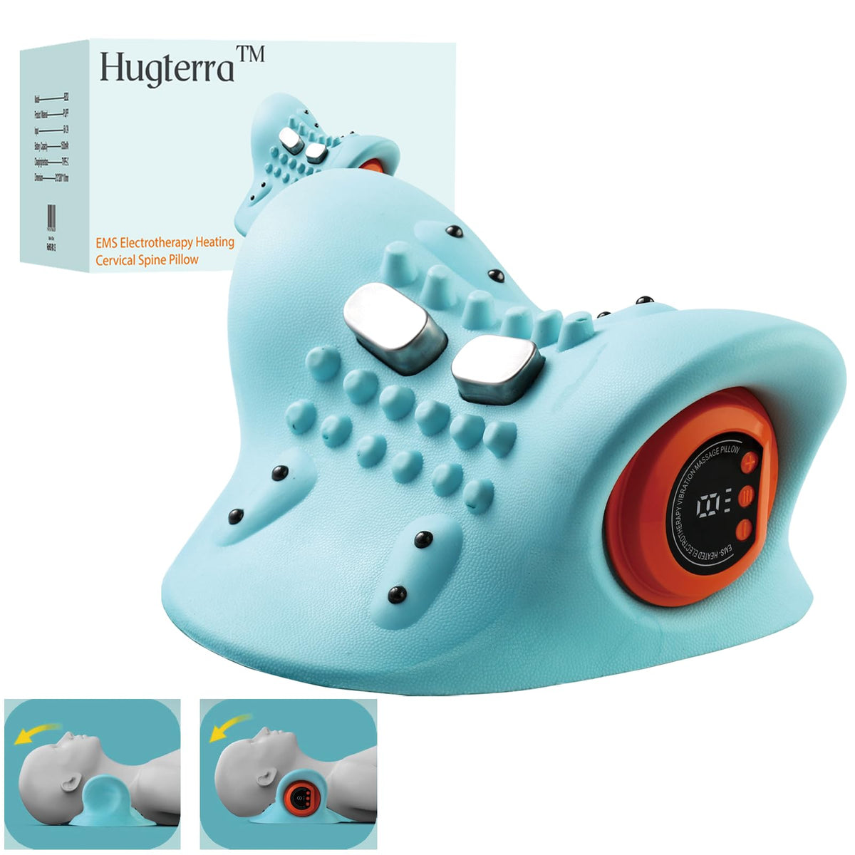 Hugterra neck massager at a 26-degree incline for ergonomic relief after long workdays