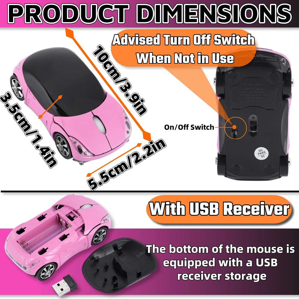 HuGuWdy pink wireless car mouse showing 2-4G USB receiver storage.