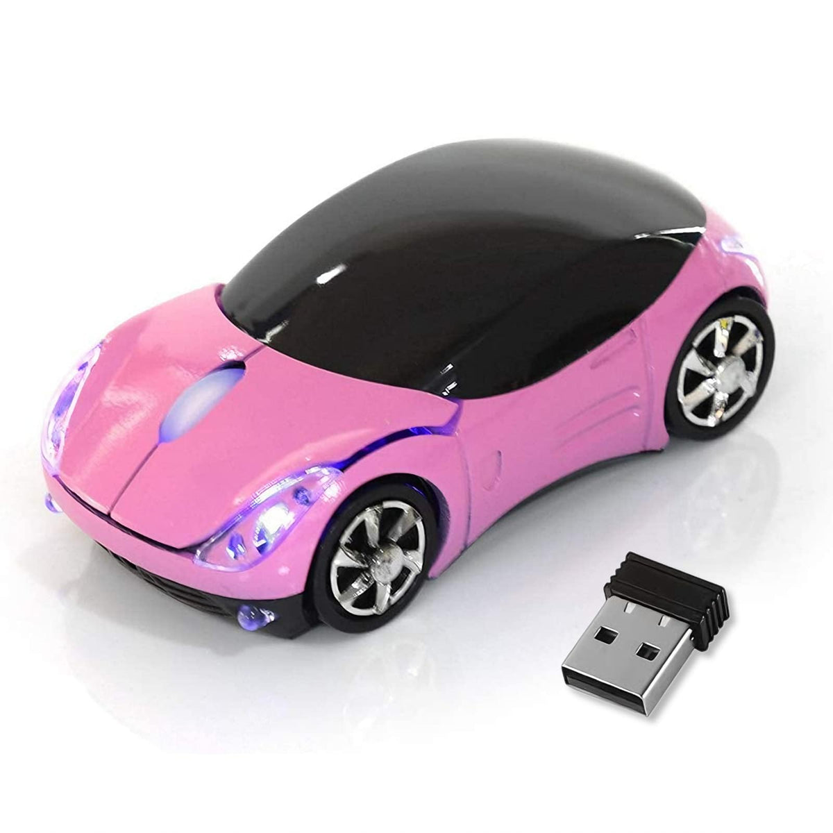HuGuWdy pink wireless car mouse angled view enhances desk fun.