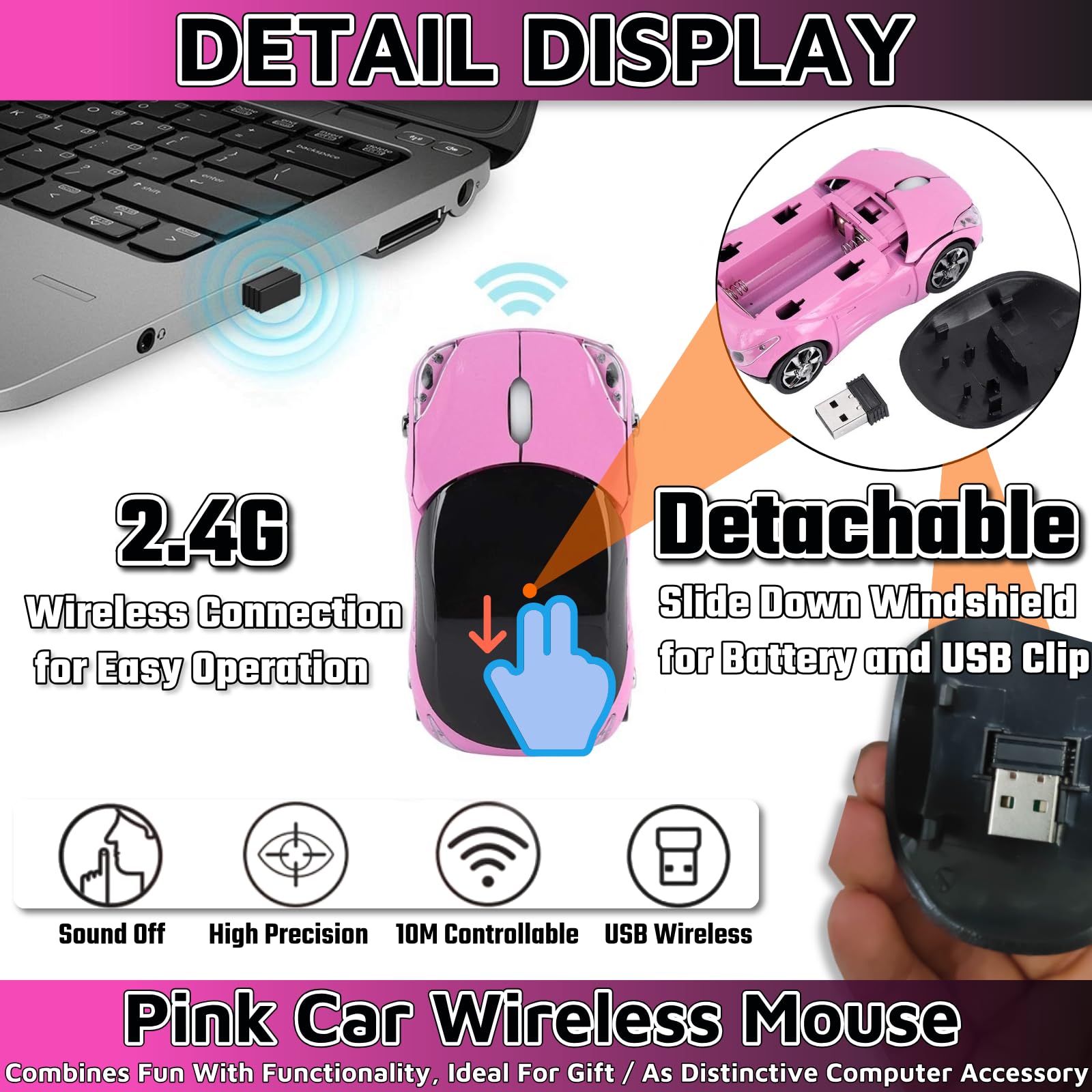 HuGuWdy pink wireless car mouse with LED lights for style.