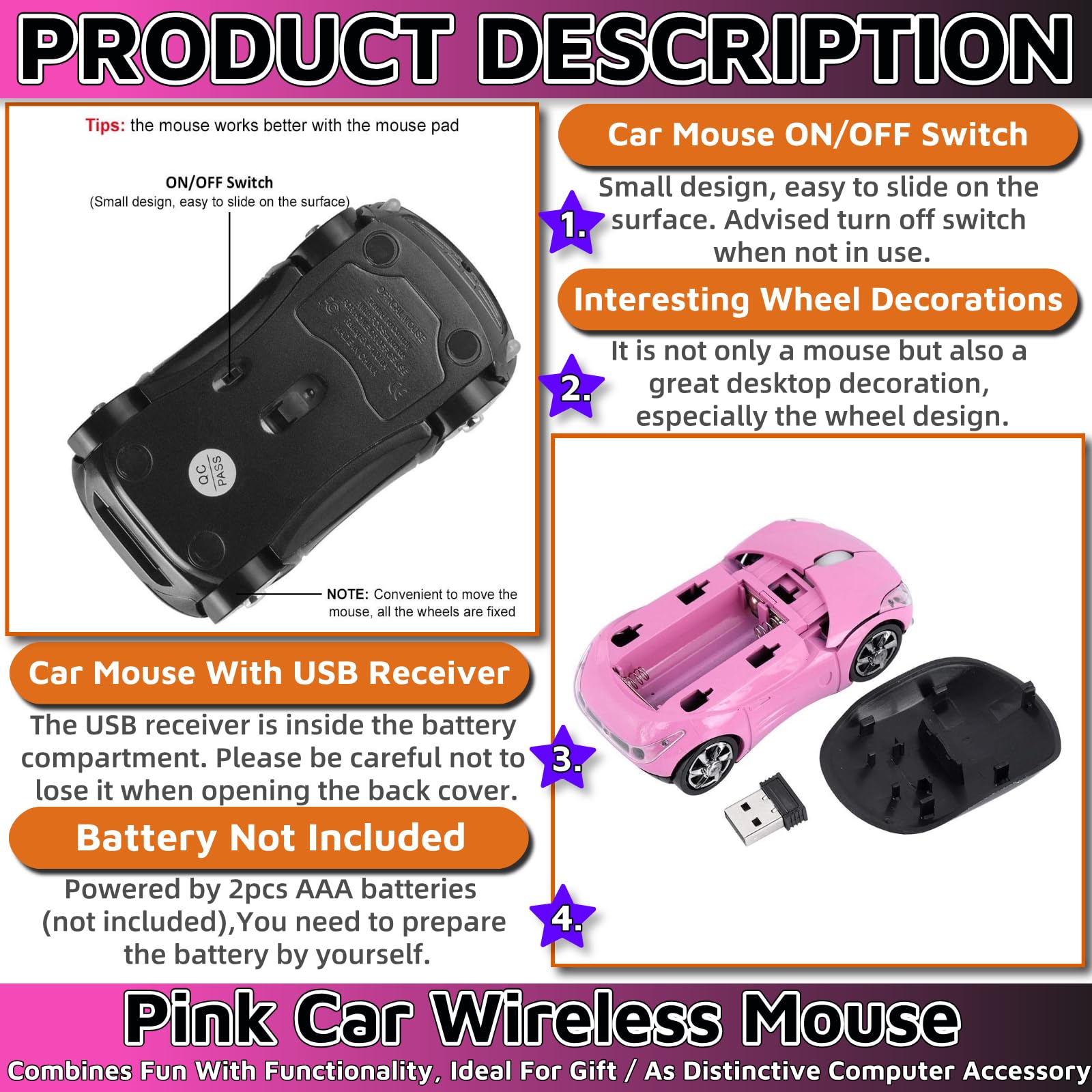 HuGuWdy pink wireless car mouse bottom switch saves power.