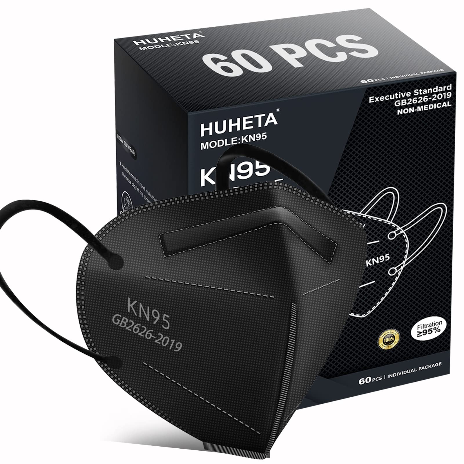 HUHETA KN95 mask box-front view with 60-pack for daily convenience