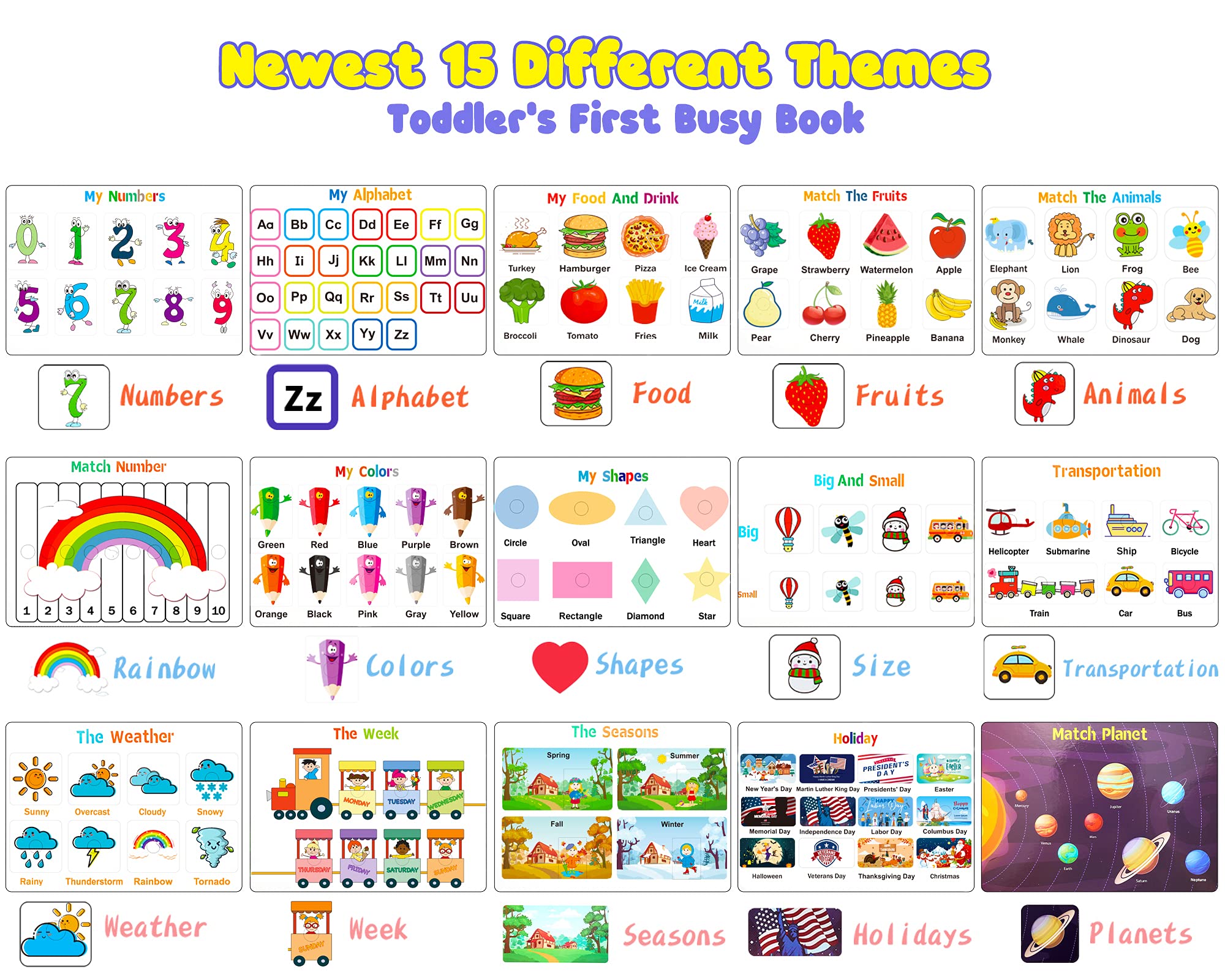 Huijing Busy Book interior showing 15 themes for early learning