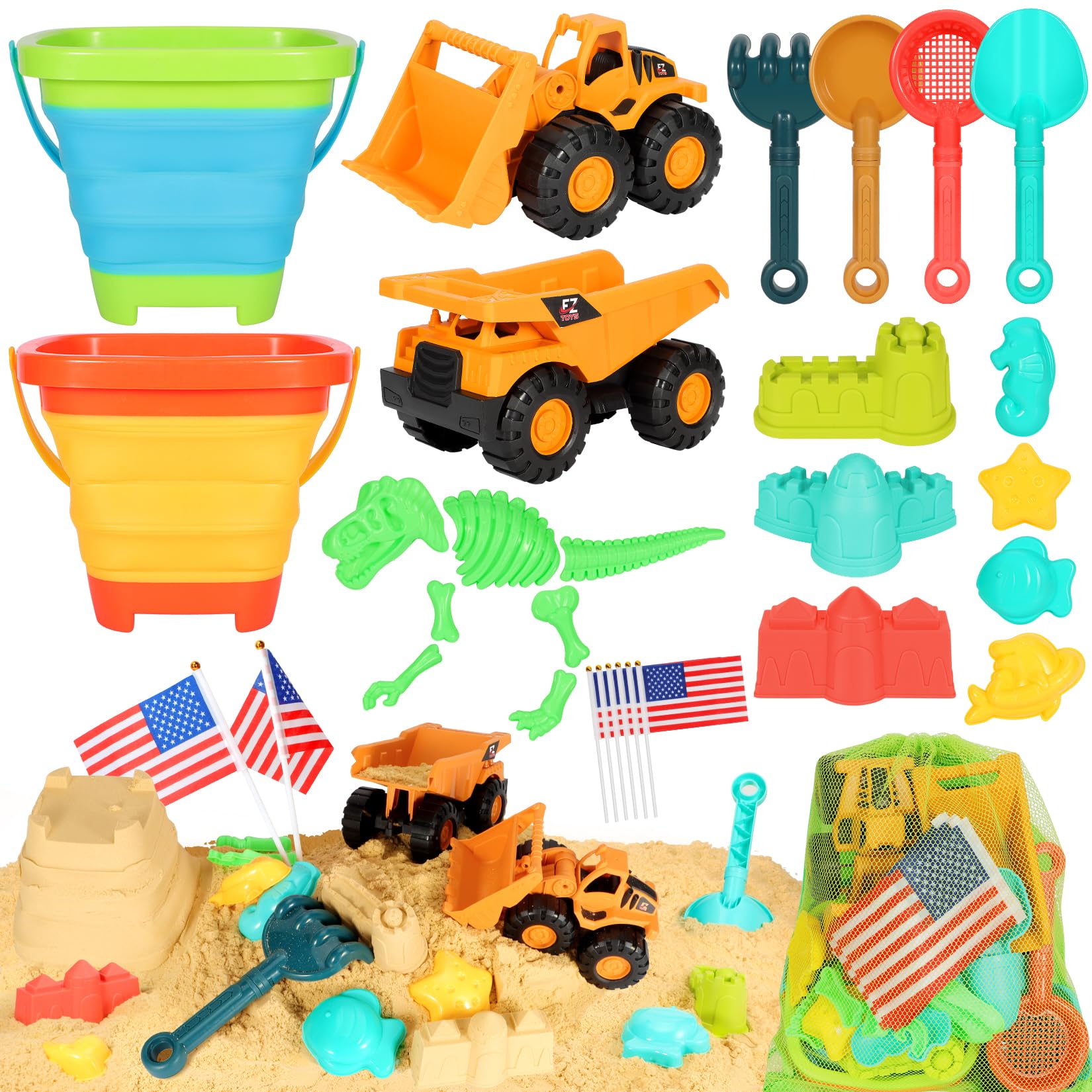 HUITEM Beach Sand Toys 29-piece set with collapsible bucket for easy storage