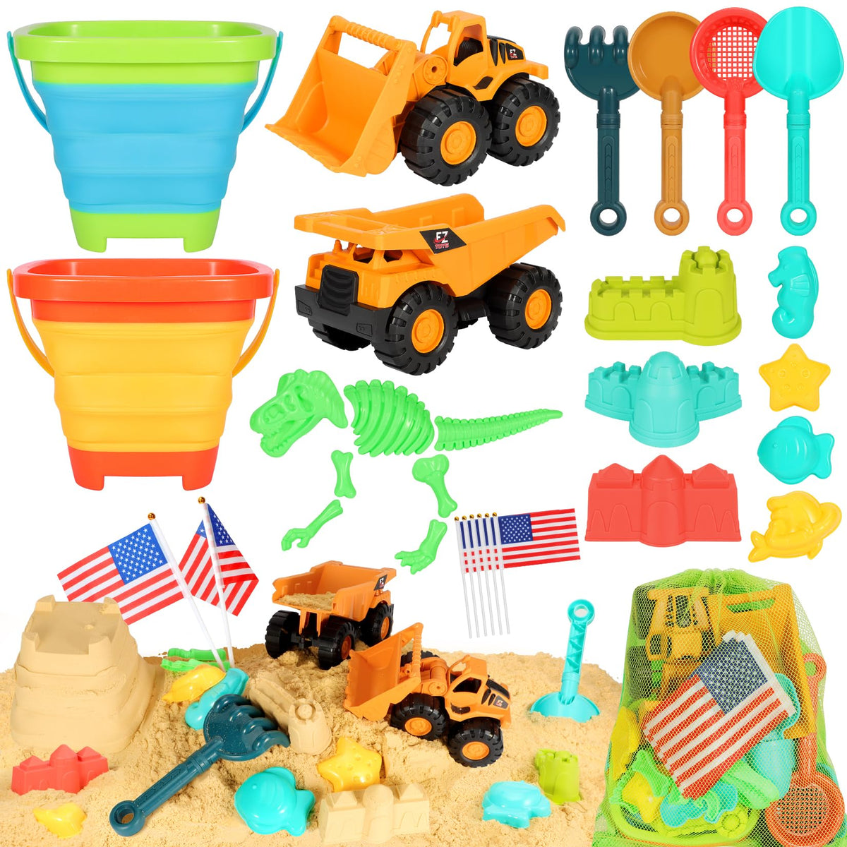 HUITEM Beach Sand Toys 29-piece set with collapsible bucket for easy storage