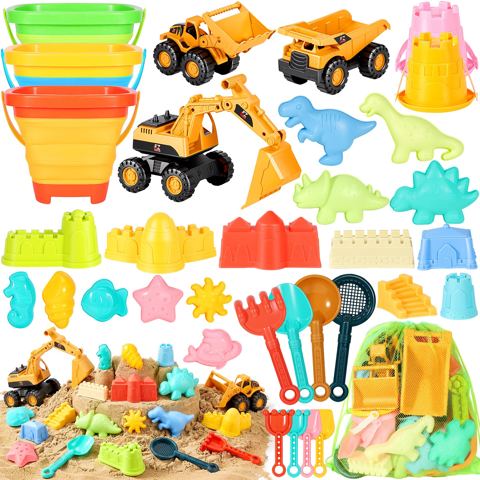 HUITEM 35-piece beach toys set with vibrant colors for creative seaside play.