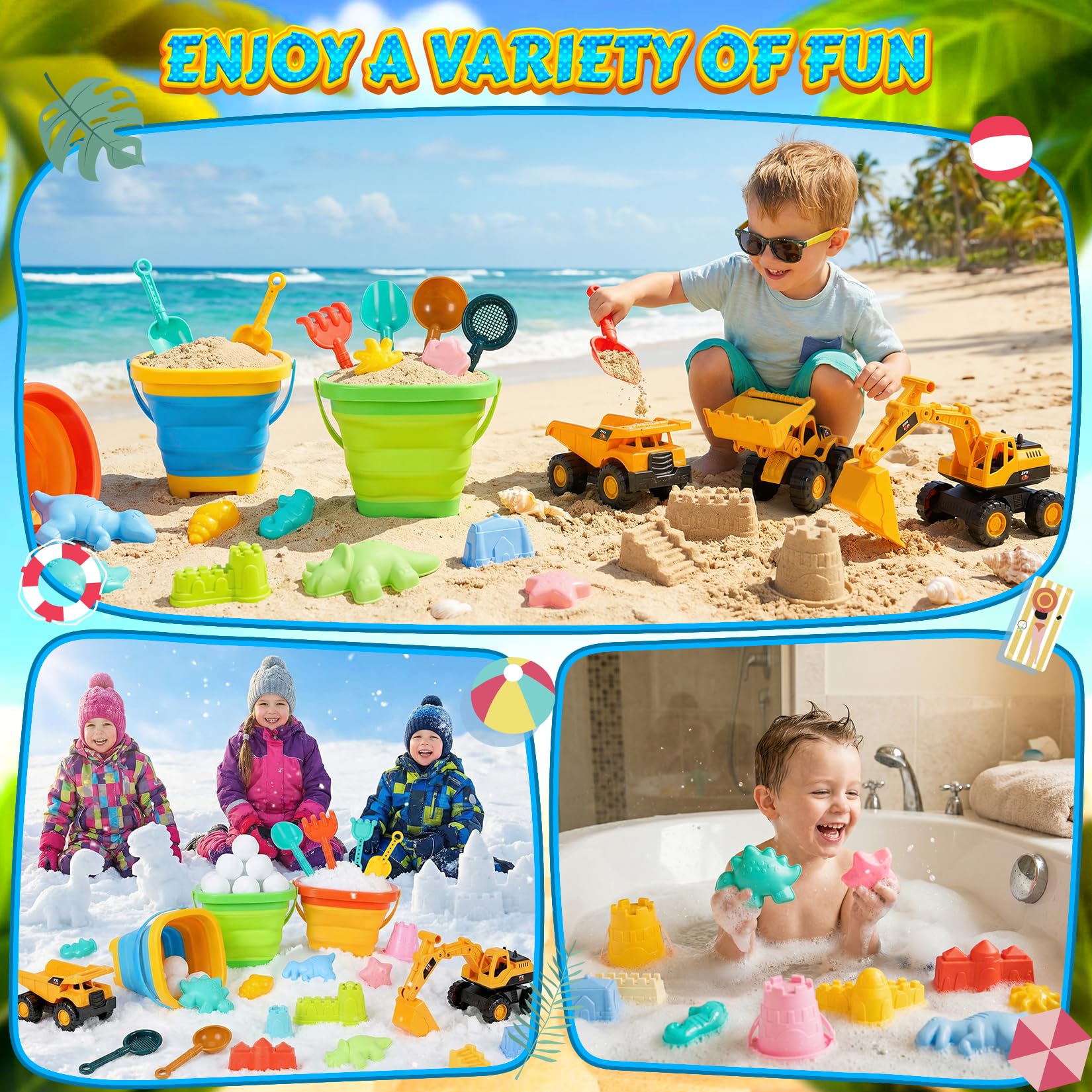 HUITEM mesh beach bag keeps toys organized and lets sand dry.